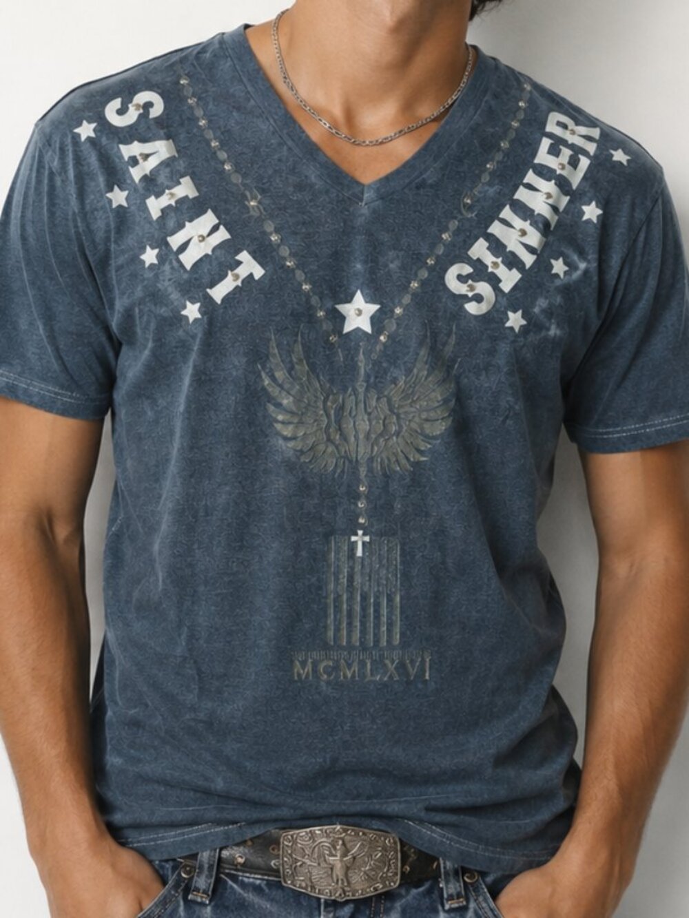 Rush Couture Men's V-neck Tee Shirt Grey White Studded Size Large Graphic Y2K
